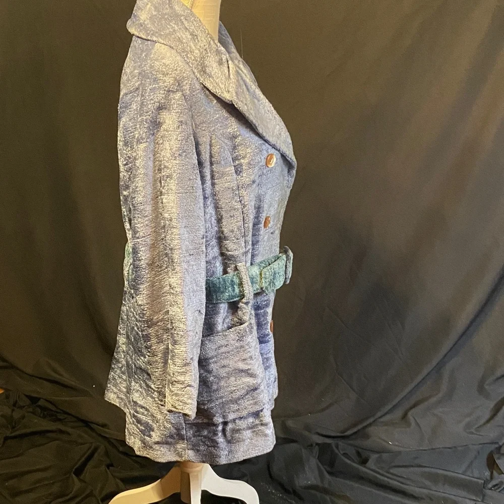 Textured Blue Belted Coat - Picture 6 of 11